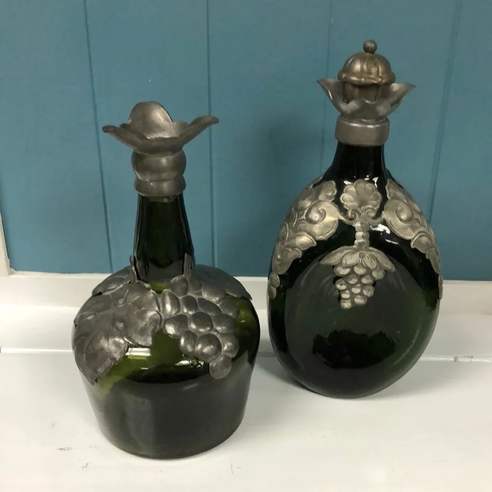 2‎ Vtg Decanter Green Glass Pewter Marked Denmark Rare Retro Collectible Grape